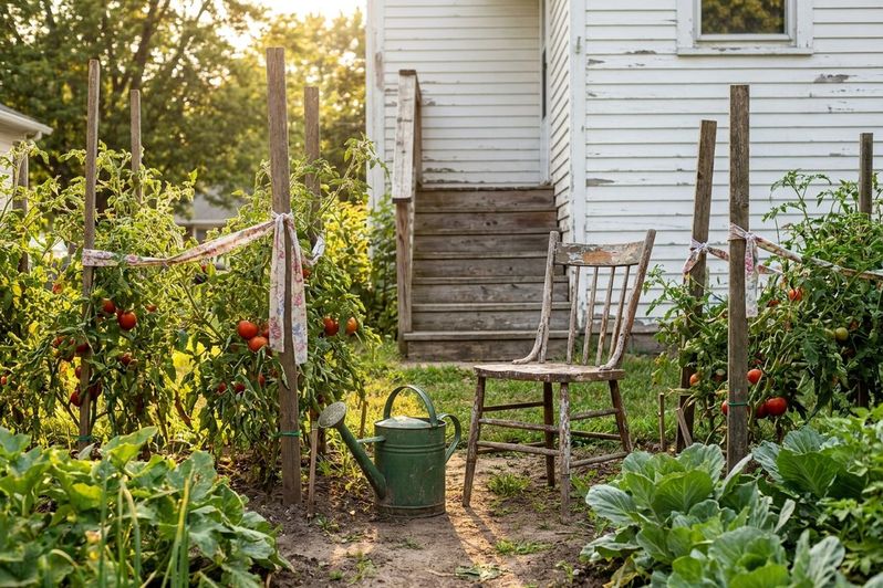 The tomato rows in the backyard