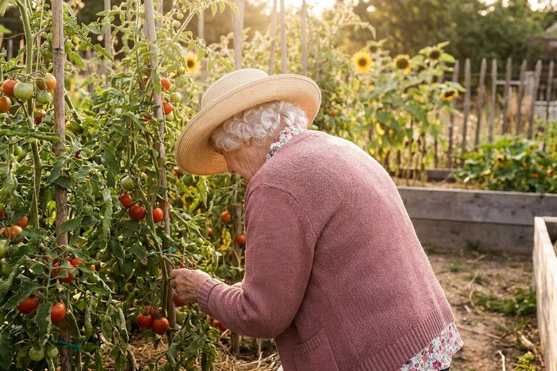 Margaret among the tomatoes, from behind