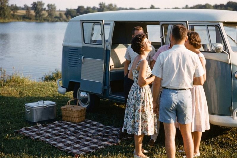 Friends around a VW bus by the lake, 1963